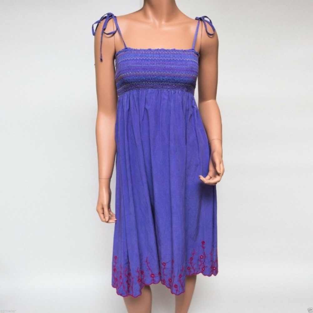 EUC Da-Nang purple smocked summer dress/swim cover red stitches size M
